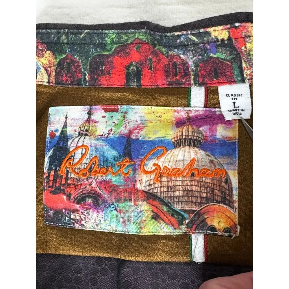 Robert Graham Mens L Button Up Shirt Flip Cuff Mask Print Classic Fit - Picture 4 of 12